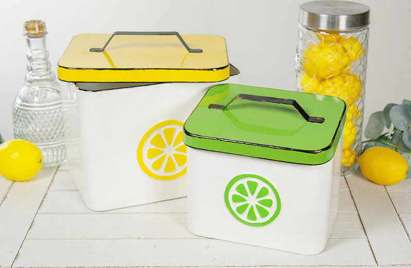 Chippy Enamel Lemon and Lime Canisters  Set of 2