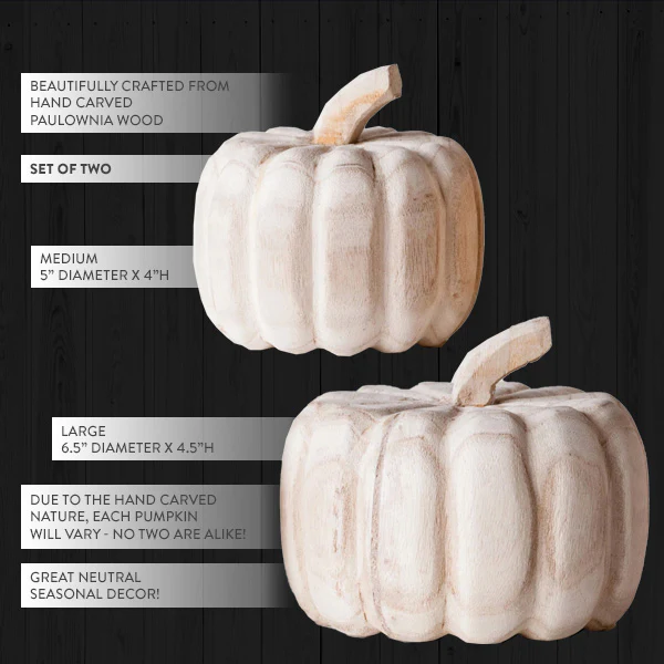 Hand Carved Paulownia Wood Pumpkins, Set of 2