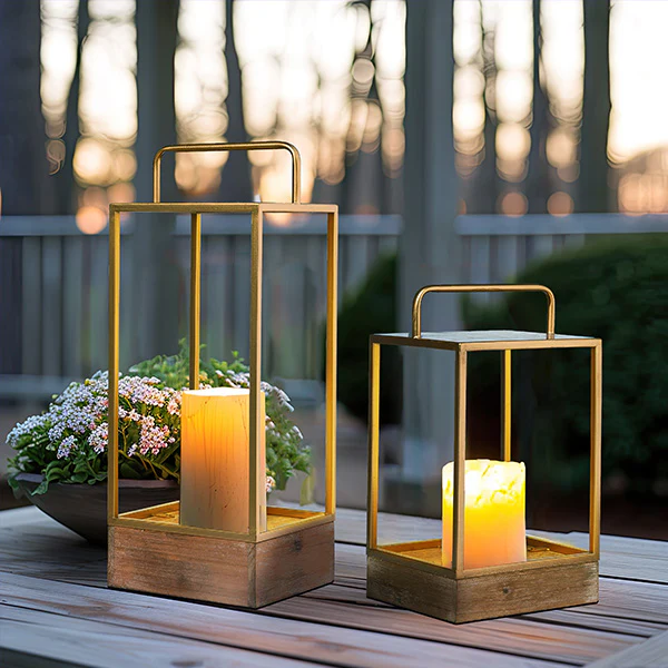 Geometric Metal and Wooden Lanterns, Set of 2