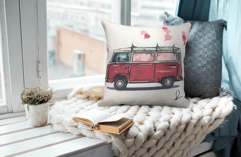 Double Sided Feedsack Love Bus Pillow Cover