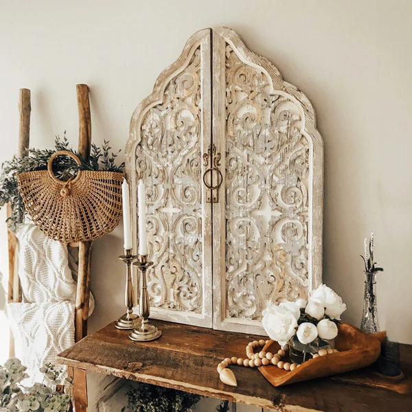 2 Piece Intricate Scroll Work Carved Wooden Doors