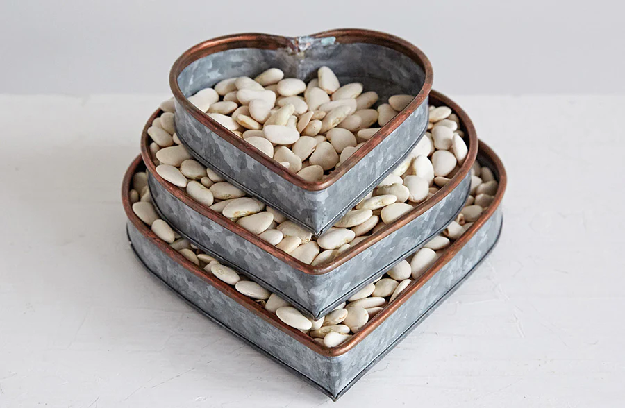 Heart Shaped Galvanized Metal Tray with Copper Rim, Set of 3