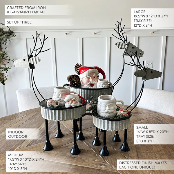 Galvanized Metal Reindeer Trays, Set of 3