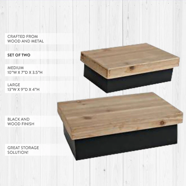 LARGE Storage Boxes with Wooden Lids, Set of 2