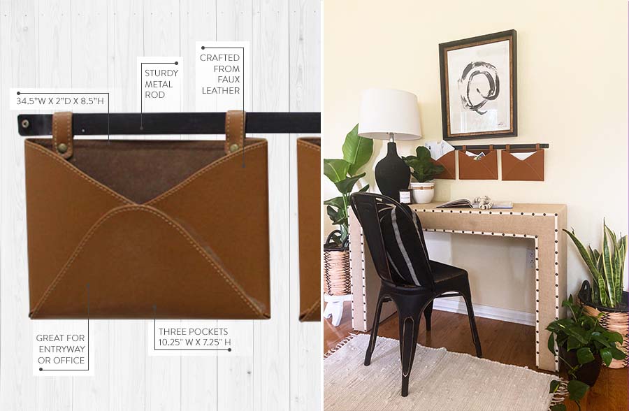 Three Pocket Leather Wall Organizer