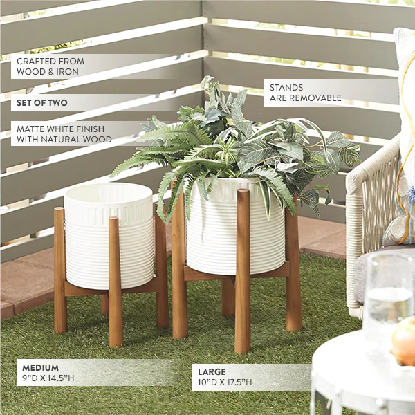Matte White Iron Planters on Removable Stands, Set of Two