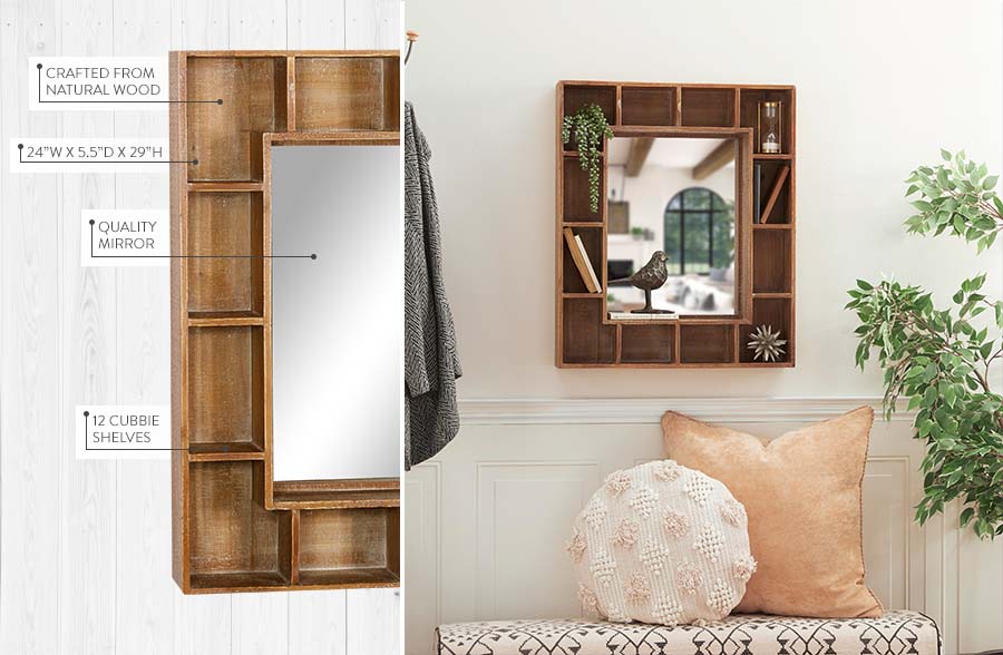 24 x 29 Inch Wood Cubbie Wall Mirror