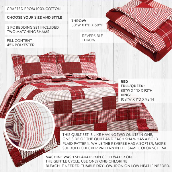 Reversible Plaid Quilt Inspired Bedding Set, Pick Your Style