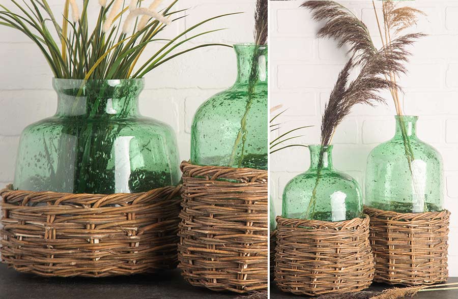 Green Tinted Glass Bottle with Removable Rattan Basket, Pick Your Size
