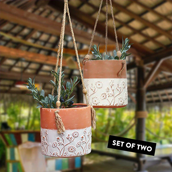 Floral Hanging Planter with Jute Rope, Set of 2