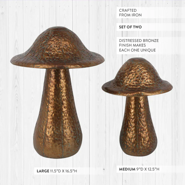 Oversized Bronze Finish Mushroom Sculptures, Set of Two