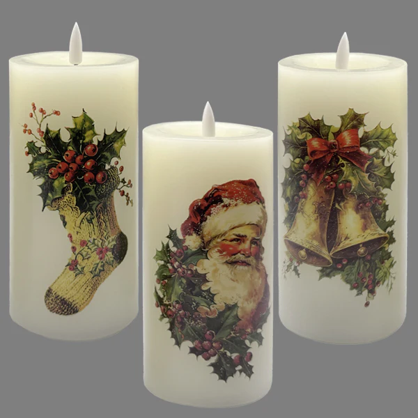 Christmas Decal LED Candles, Set of 3