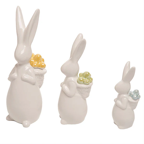 Porcelain Easter Bunnies with Egg Backpacks, Set of 3