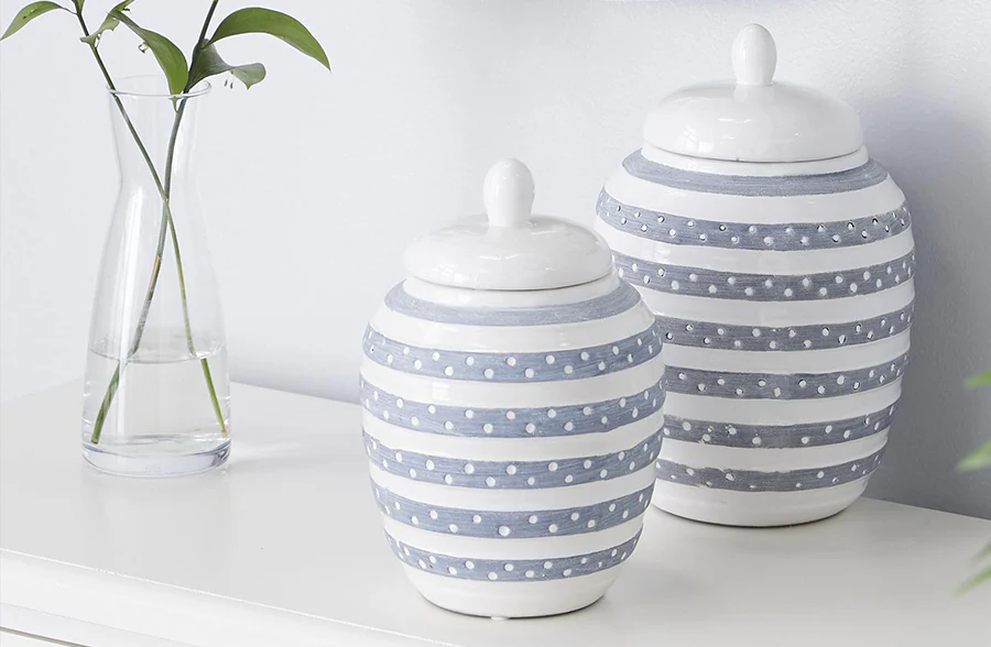 Striped Ceramic Jars with Lids, Set of 2