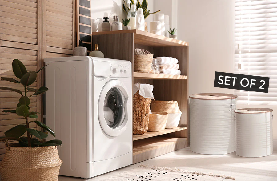 Corrugated Metal Drum Storage Ottomans, Set of 2