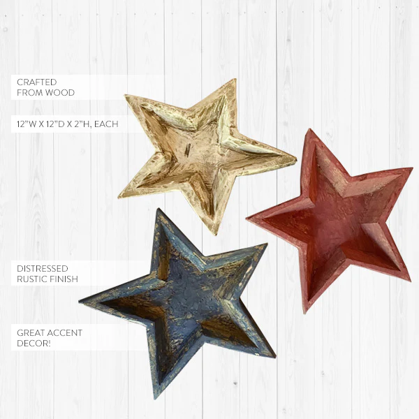 Patriotic Distressed Wooden Star Bowls, Set of 3