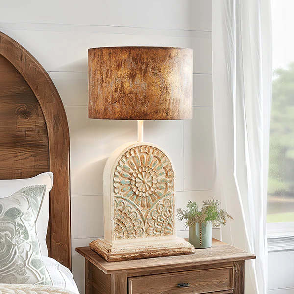 Ornate Wood Table Lamp with Metal Shade