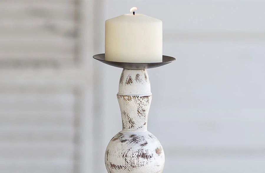 Carved Wood Candle Pillar, Set of 2