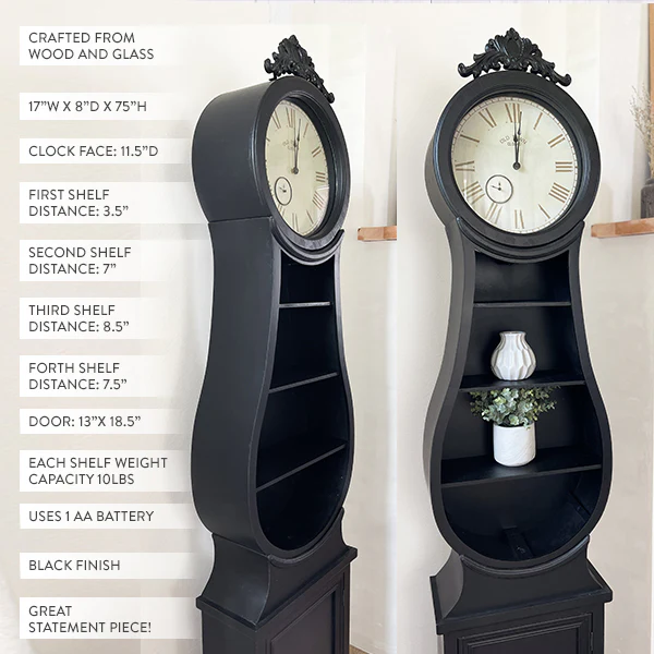 Huge 74 Inch Black Mora Clock with Shelves