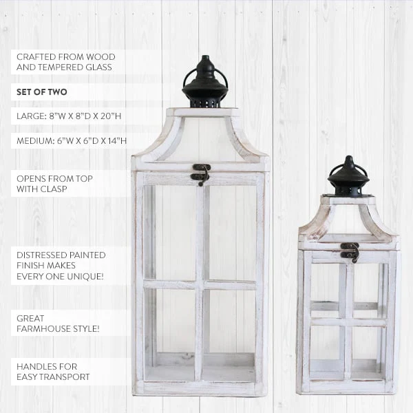 Distressed Whitewashed Window Frame Lanterns, Set of 2