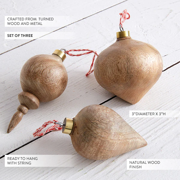 Turned Wood Christmas Ornaments, Set of 3