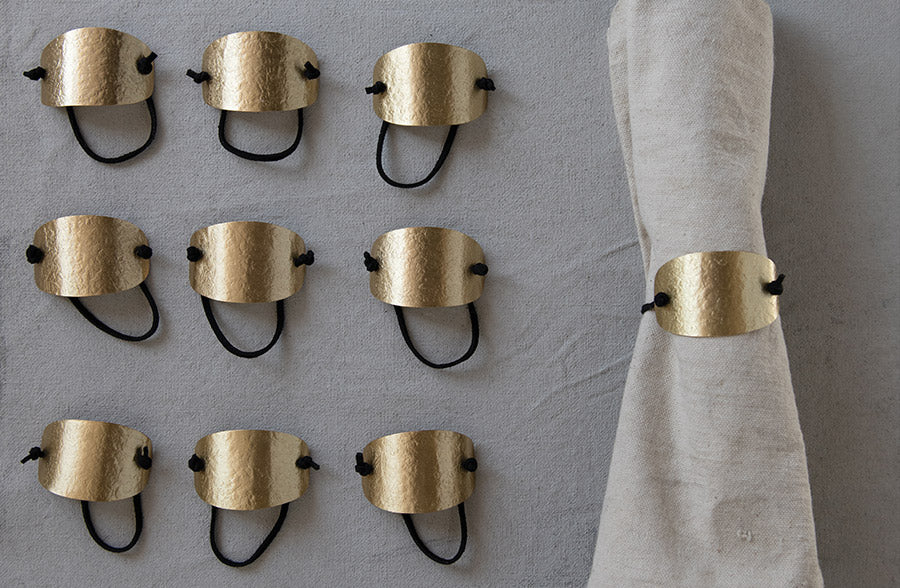 Hammered Brass and Suede Napkin Rings, Set of 4
