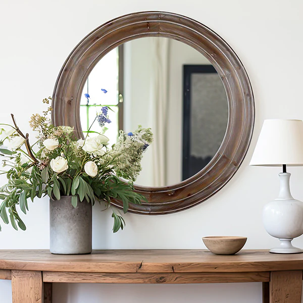 Wooden Framed Round Mirror